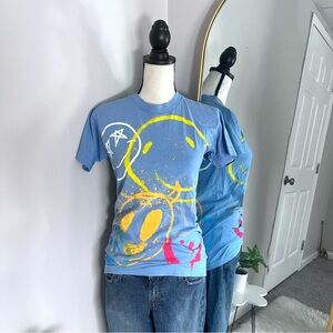 Blue Spray Paint Smiling Face Graphic Streetwear T-Shirt